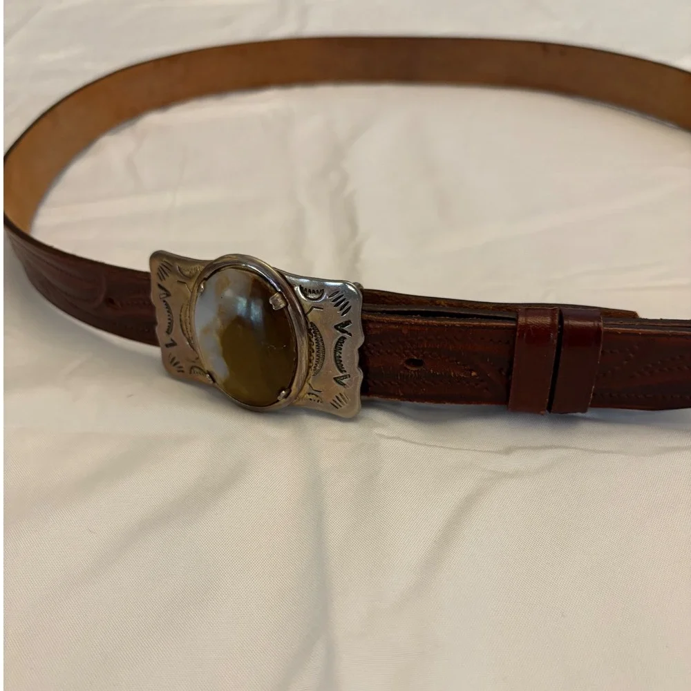 Vintage Handmade Tex Tan Leather‎ Belt Western Style Stone Buckle Brown Size 38
